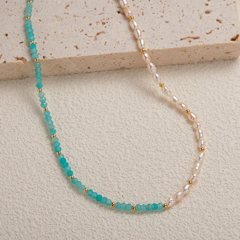 zensoullab S925 Sterling Silver Natural Amazonite and Freshwater Pearl Gemstone Necklace for Women, Niche Vintage Beaded Patchwork