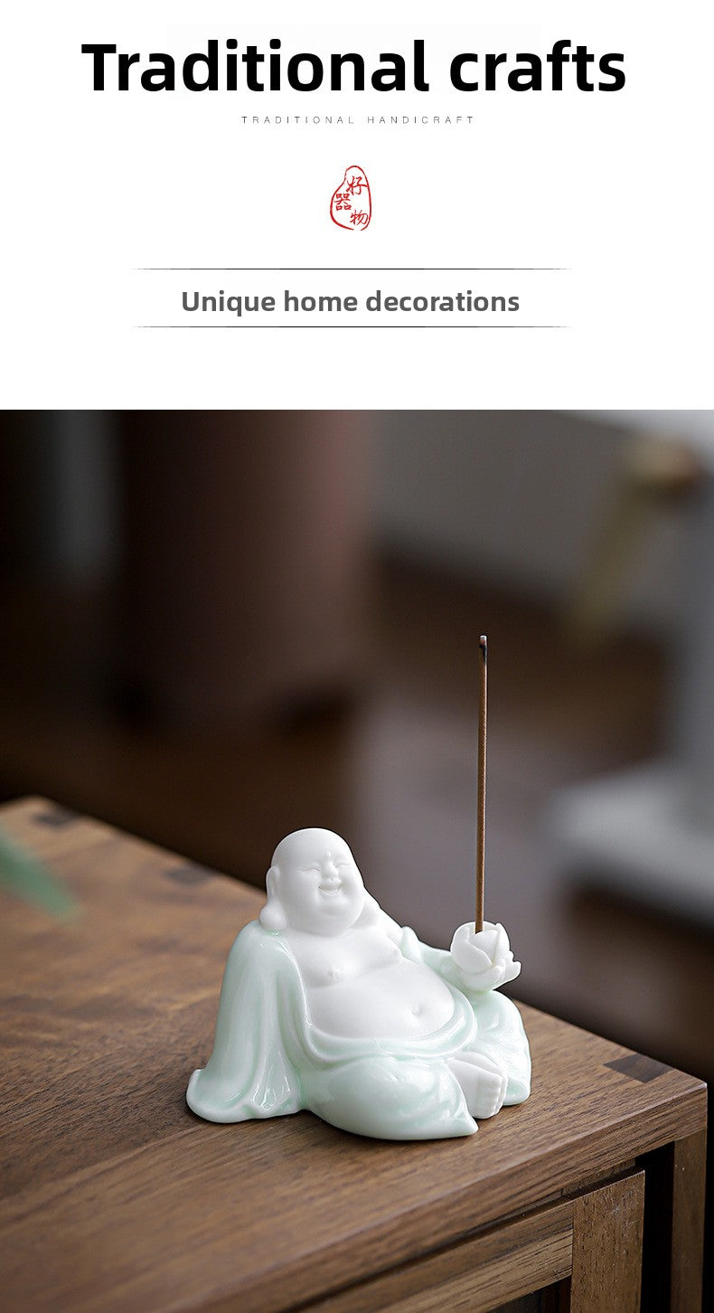 zensoullab Ceramic Fortune Maitreya Buddha Statue Big Belly Laughing Buddha Zen Home Living Room Entrance Hall Display Shelf Car Decoration Ornament