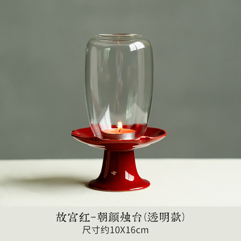 zensoullab New Chinese Style Forbidden City Red Morning Glory Candle Holder Ceramic Base Zen Glass Lampshade Aromatherapy Home Tea Ceremony Accessories Ornament
