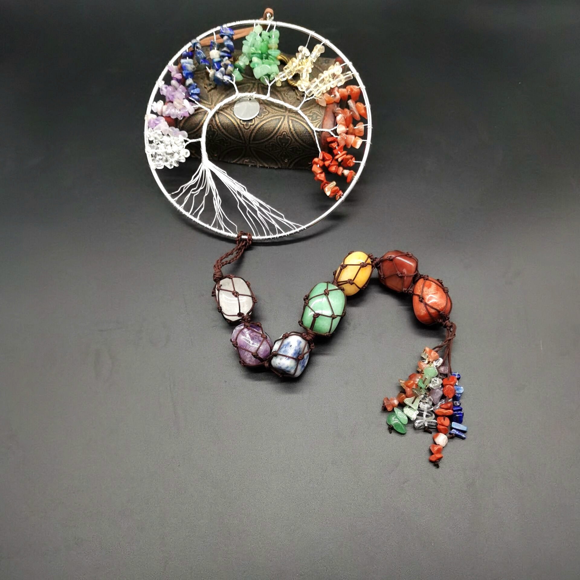 zensoullab7 Colorful Stone Seven Colors Crystal Raw Stone Hand-woven Pendant Natural Stone Tree of Life Car Hanging Dream Catcher Ornament