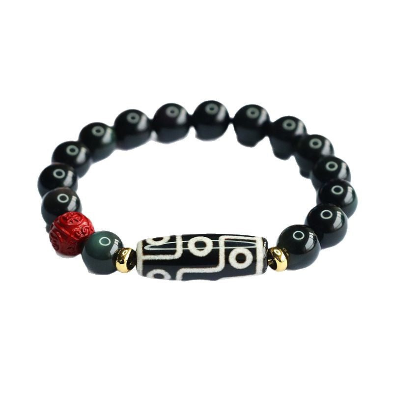 zensoullab Natural Obsidian Bracelet Nine-Eyed Dzi Bead Agate Bracelet Tibetan Style Jewelry