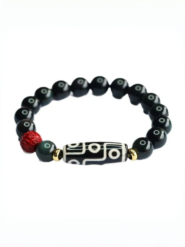 zensoullab Natural Obsidian Bracelet Nine-Eyed Dzi Bead Agate Bracelet Tibetan Style Jewelry