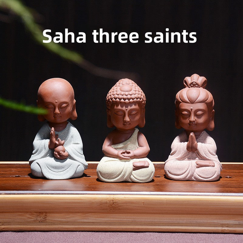 zensoullab Creative Chinese Home Decor Ceramic Little Monk Tea Pet Western Three Saints Ornament Enlightenment Zen Little Novice Craft