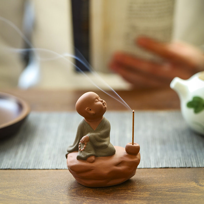 zensoullab Zen Purple Clay Little Monk Incense Holder Ornament for Home Indoor Living Room Tea Tray Incense Ceremony Sandalwood Stand Incense Tray Incense Burner