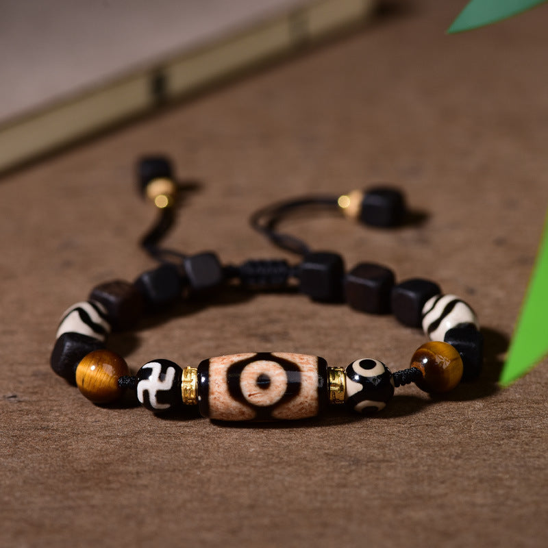 zensoullab Vintage Tibetan Style Patina Tiger Tooth Dzi Bead Agate Bracelet for Men and Women Multi-Gemstone Ethnic Style Hand String