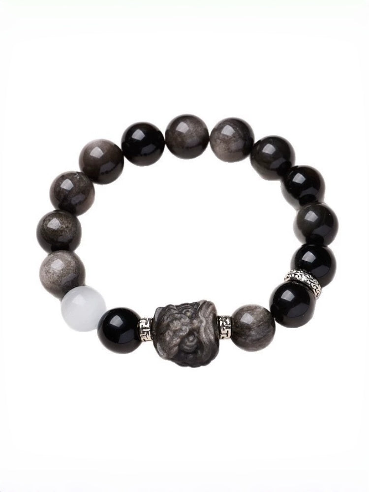 zensoullab520 Natural Obsidian Lion Awakening White Moonlight Cat's Eye Crystal Bracelet