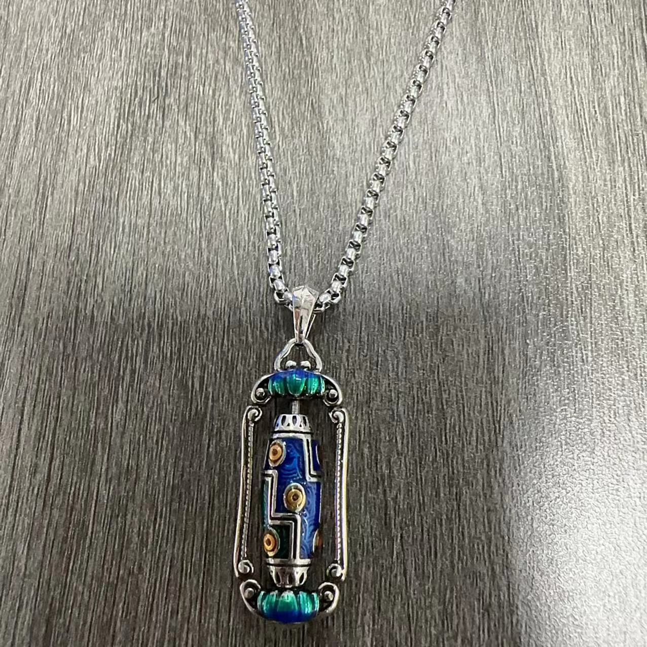 zensoullab Vintage Ethnic Landscape Thai Blue Enamel Nine-Eyed Dzi Bead Lotus Prayer Wheel Necklace for Women Exquisite Versatile Creative Jewelry