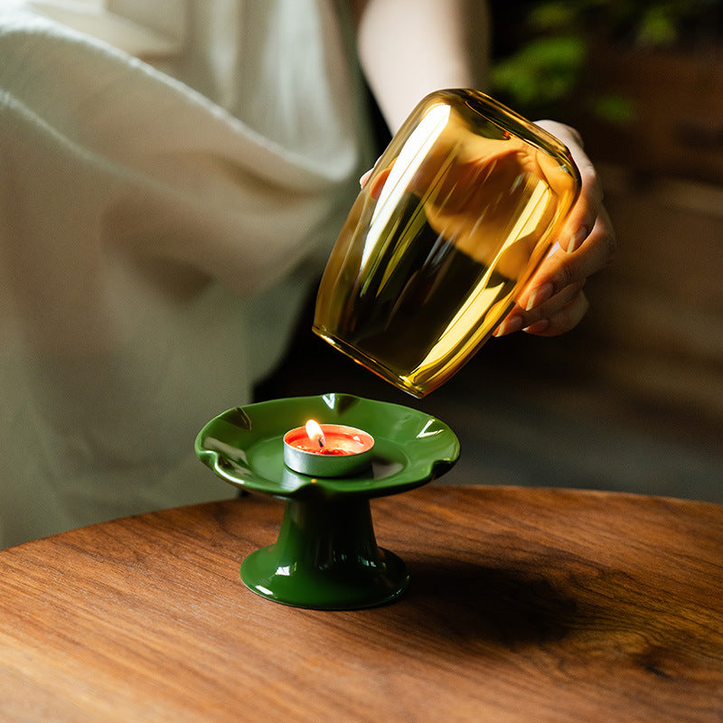 zensoullab New Chinese Style Forbidden City Red Morning Glory Candle Holder Ceramic Base Zen Glass Lampshade Aromatherapy Home Tea Ceremony Accessories Ornament