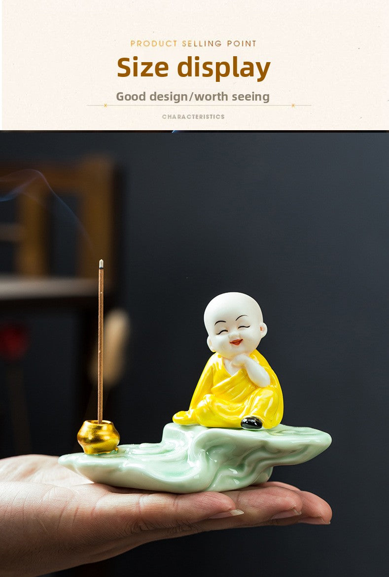 zensoullab Zen Ceramic Little Monk Incense Holder Tea Ceremony Ornament for Home Living Room Indoor Tea Room Sandalwood Sitting Incense Dragging Incense Burner