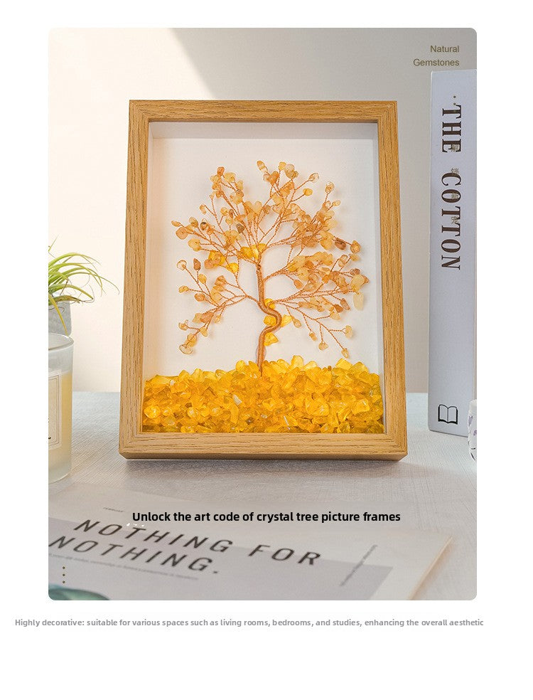 zensoullab Natural Crystal Money Tree Photo Frame Yellow Crystal Amethyst Crystal Stone Photo Frame Housewarming Gift Desktop Wealth-Attracting Ornament