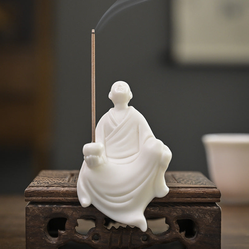 zensoullab Zen Ceramic Figure Chinese Style Desktop White Porcelain Small Ornament Little Monk Fish Tank Landscaping Bonsai Home Handmade Decoration