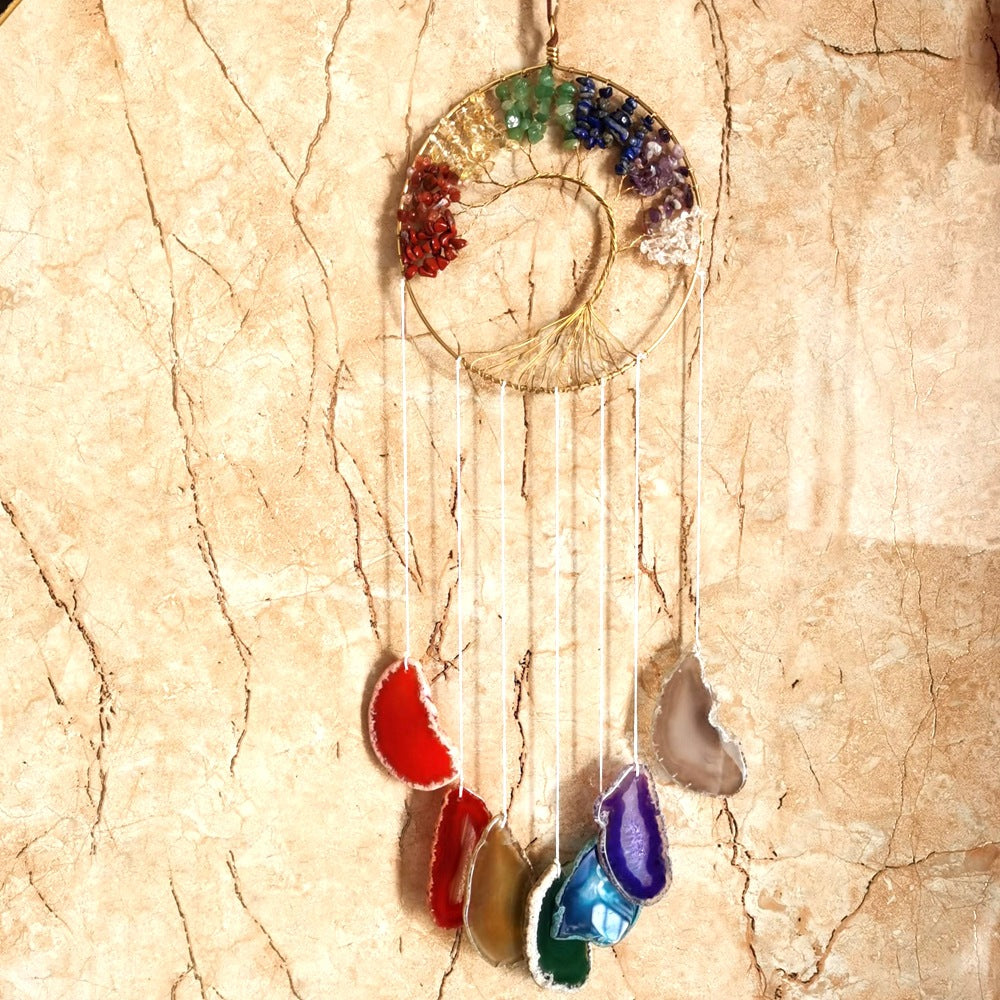 zensoullab Handmade Wrapped Natural Crushed Stone Tree of Life Agate Slice Hanging Ornament Garden Decoration Curtain Pendant