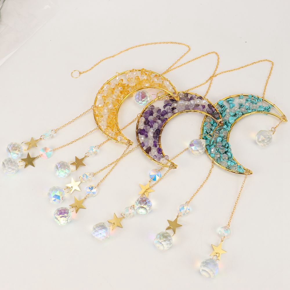 zensoullab Handmade Beaded Natural Crystal Crushed Stone Moon Star Wind Chime Craft Decoration Pendant Sun Catcher