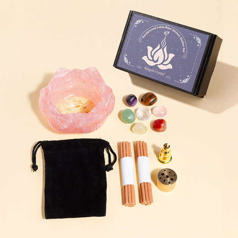 zensoullab Natural Amethyst Crushed Stone Lotus Bowl Incense Holder Set Box Demagnetization Meditation Yoga Incense Burner Incense Holder Base