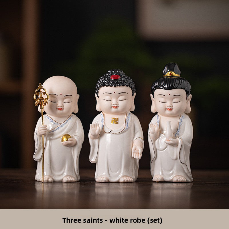 zensoullab Chinese Ceramic Three Saints Shakyamuni Guanyin Ksitigarbha Desktop Ornaments Creative Living Room Small Ornaments Home Decorations