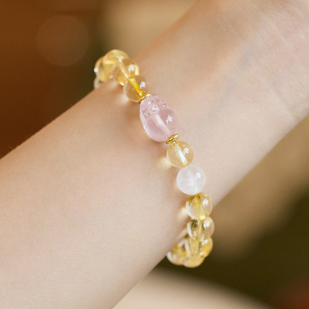 zensoullab Natural Yellow Crystal Pixiu Bracelet for Women, Wealth-Boosting Pink Crystal Bracelet