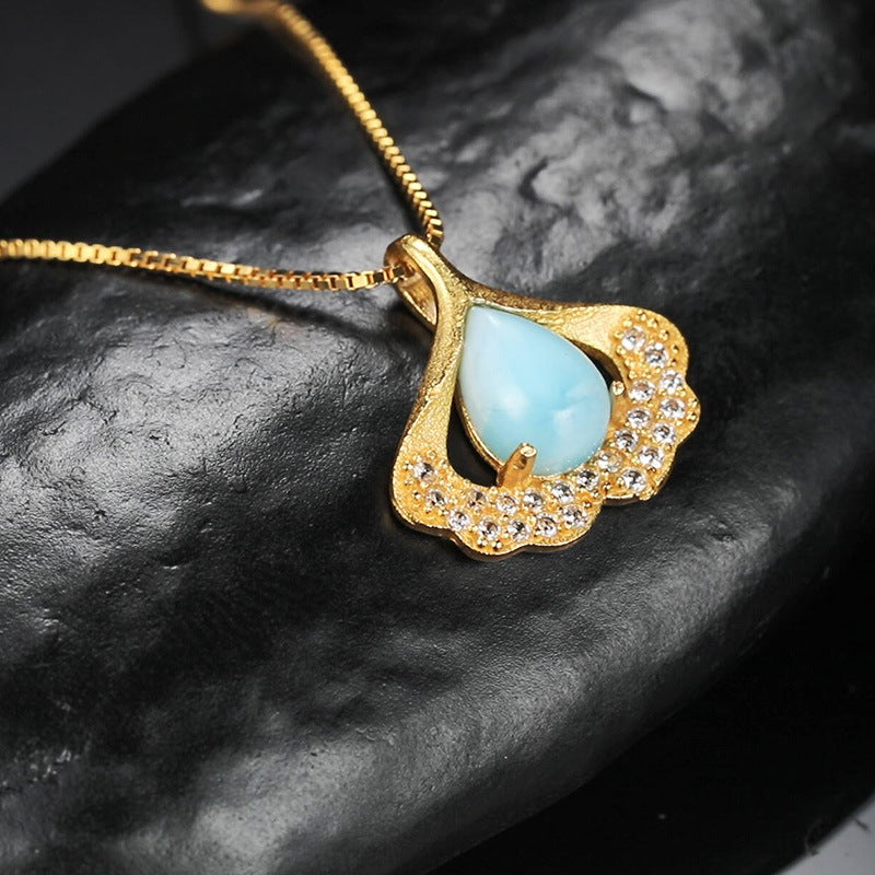 zensoullab S925 Sterling Silver Ancient Gold Inlaid Natural Sea Grain Stone Fan-shaped Necklace High Quality