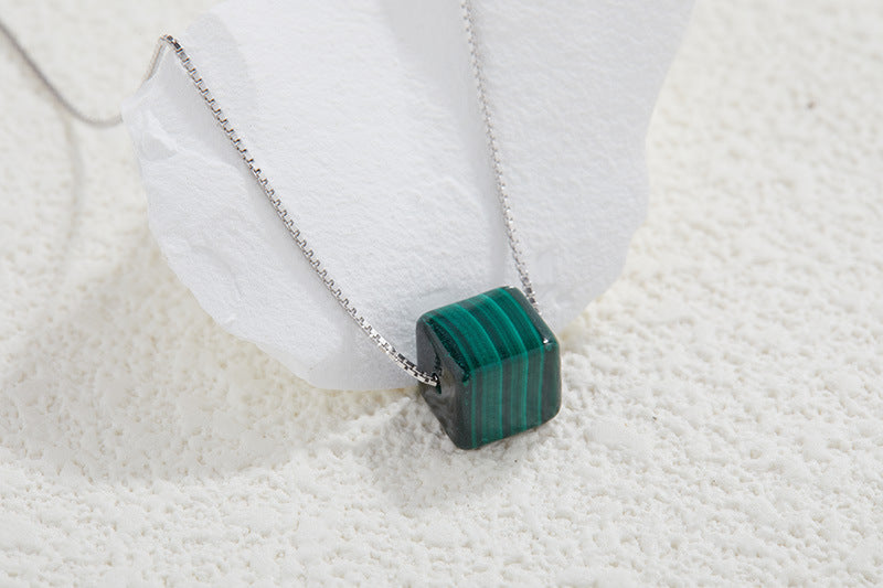 zensoullab Jewelry Minimalist Style Square Pendant S925 Sterling Silver Malachite Necklace Women's Jewelry Simple Collarbone Chain