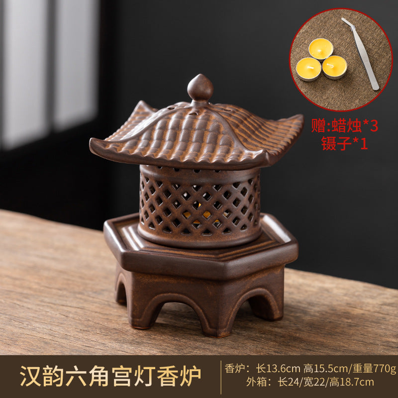 zensoullab Incense Burner Ceramic Purple Clay Hollow Han Yun Palace Lantern Candle Incense Essential Oil Burner Incense Stick Agarwood Multifunctional Ornament