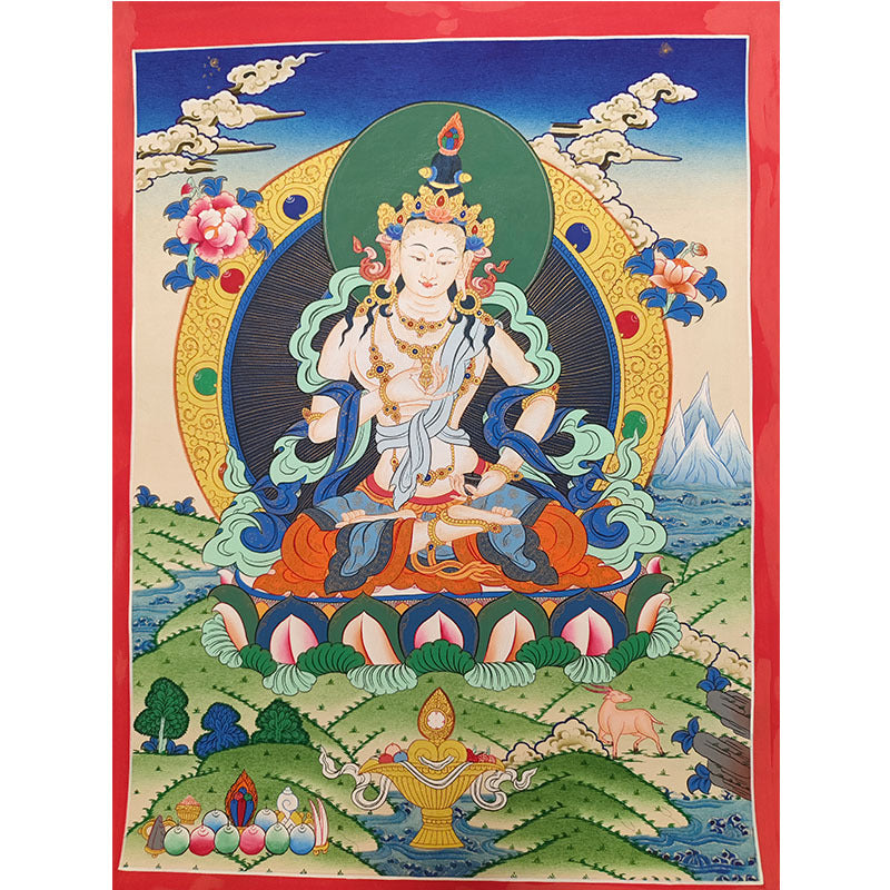 zensoullab Nepal Hand-painted Medicine Buddha Thangka Yellow God of Wealth Manjushri Four-armed Guanyin White Tara Green Tara Entrance Wall Hanging Painting