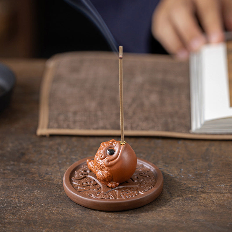 zensoullab Creative Ceramic Cute Fortune Golden Toad Purple Clay Tea Pet Ornament Aromatherapy Burner Home Indoor Incense Holder Incense Stand Incense Ceremony