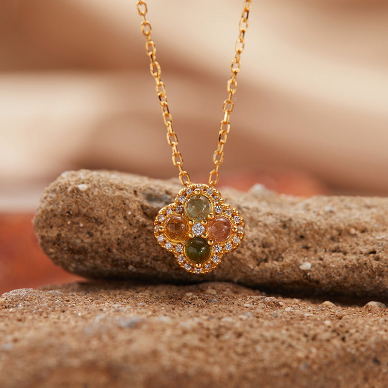 zensoullab S925 Sterling Silver 18K Gold Pendant Necklace Clavicle Chain Natural Tourmaline Four-Leaf Clover Vintage Elegant Temperament Women
