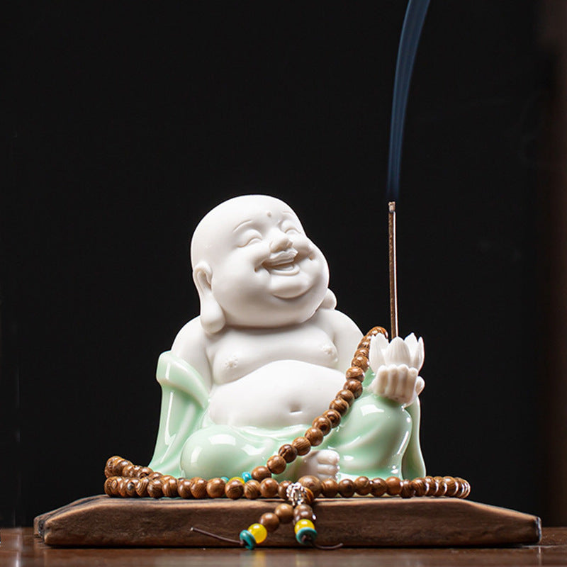 zensoullab Creative New Chinese Style Ceramic Maitreya Buddha Statue Desktop Ornament Home Incense Holder Incense Burner Incense Tray