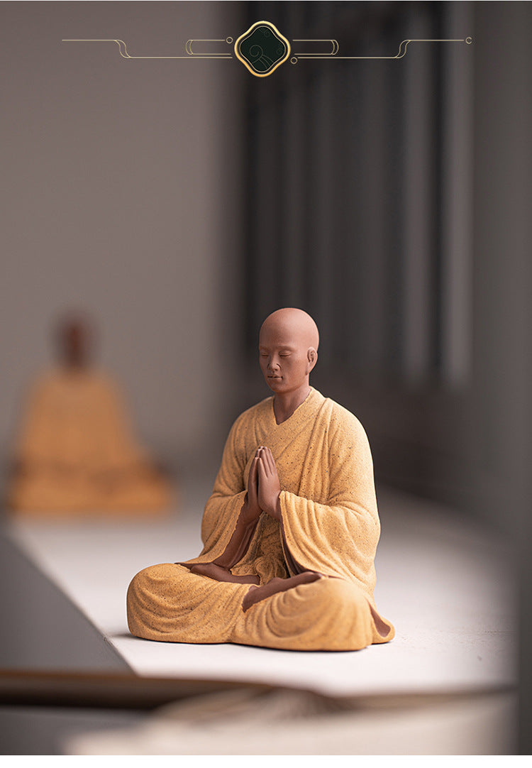zensoullab Dust-Free Zen Little Monk Purple Clay Figurine Ceramic Figure Ancient Style Tea Room Display Stand Desktop Decoration