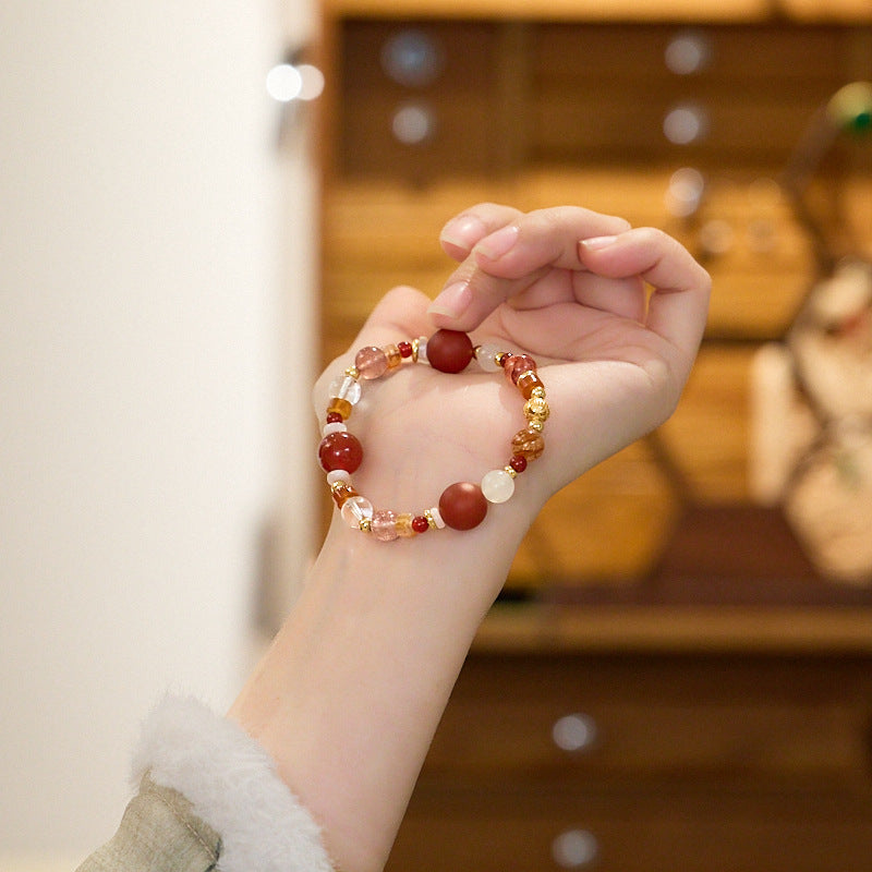 Zensoullab Natural Frosted Red Agate Red Sealant Flower Duobao Crystal Bracelet Lucky Koi Plastic Flower Bracelet for Women