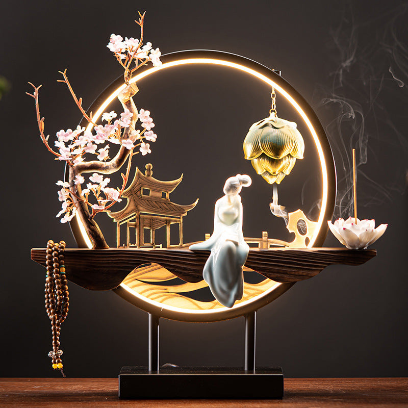 Zensoullab New Chinese Style LED Lamp Ring Creative Backflow Incense Burner Zen Ornament Home Living Room Hallway Decoration Incense Burner Furnishings