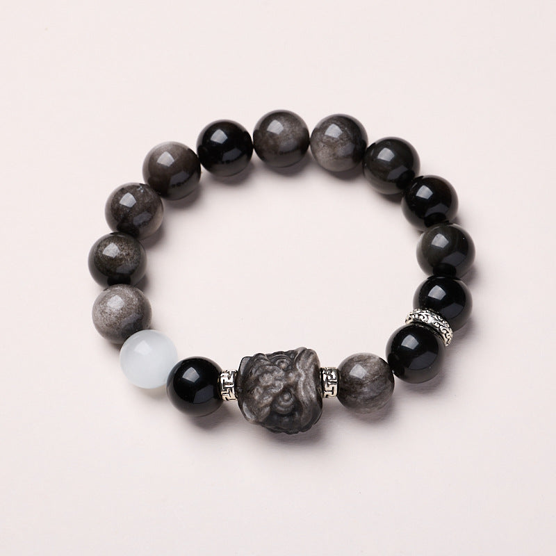 zensoullab520 Natural Obsidian Lion Awakening White Moonlight Cat's Eye Crystal Bracelet