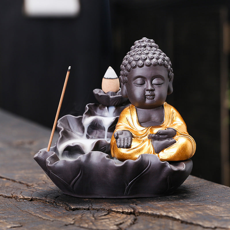 zensoullab Purple Clay Lotus Leaf Backflow Incense Burner Home Decor Creative Lotus Gold-Plated Buddha Incense Backflow Burner