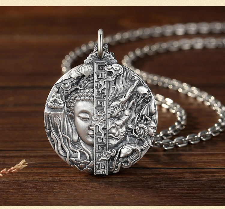 zensoullab Thai Silver Vintage Buddha and Demon One Thought Pendant Men's Solid Vintage Round Large Buddha Pendant Chinese Style Necklace