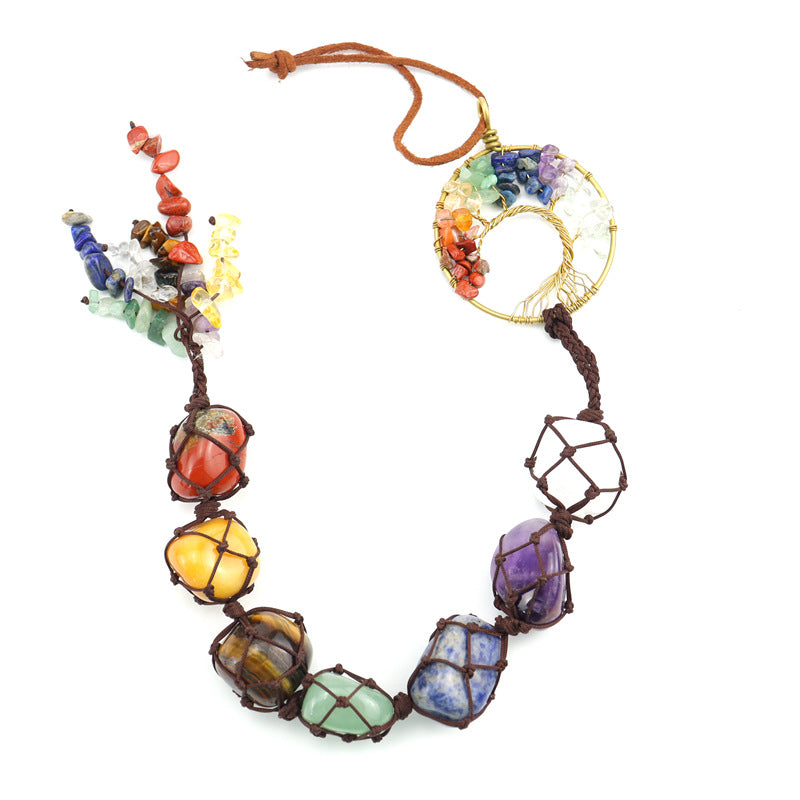 zensoullab7 Colorful Stone Seven Colors Crystal Raw Stone Hand-woven Pendant Natural Stone Tree of Life Car Hanging Dream Catcher Ornament