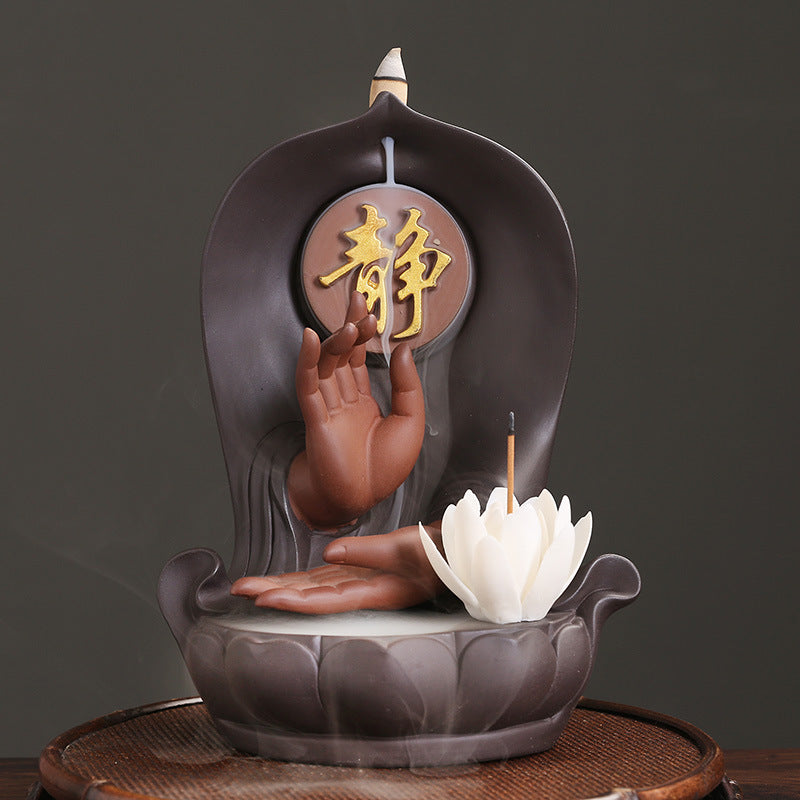 zensoullab Purple Clay Buddha Hand Lotus Backflow Incense Burner Creative Handmade Lotus Incense Holder Incense Stand Backflow Incense Burner Ornament