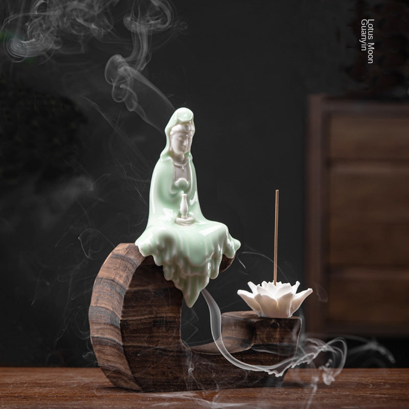 zensoullab Creative Backflow Incense Burner Home Aromatherapy Burner Ceramic Ornament Sandalwood Incense Holder Guanyin Buddha Statue Zen Living Room Decoration