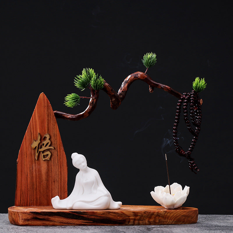 zensoullab Chinese Zen Style Formless Buddha Welcoming Guest Pine Root Carving Set Living Room Wine Cabinet Entrance Ceramic Li Bai Tea Table Home Decor