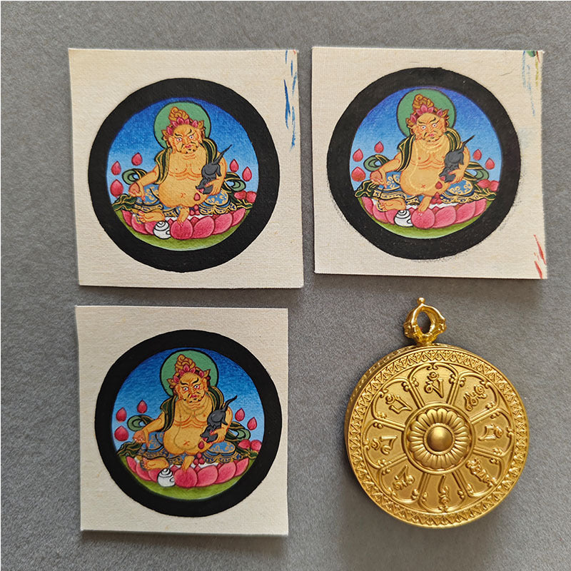 zensoullab Yellow God of Wealth Hand-painted Small Thangka Nepal Pure Hand-painted Square Round Tibetan Thangka Zodiac Guardian Pendant