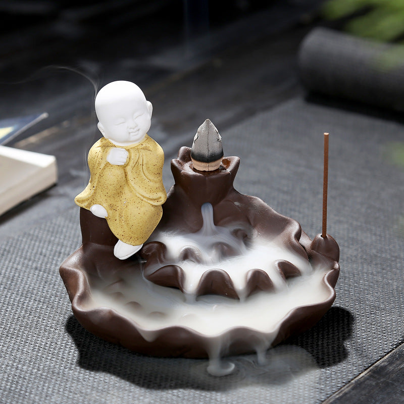 zensoullab Creative Simple Ceramic Little Monk Backflow Incense Burner Purple Clay Zen Incense Burner Incense Holder Home Tea Ceremony Home Decor