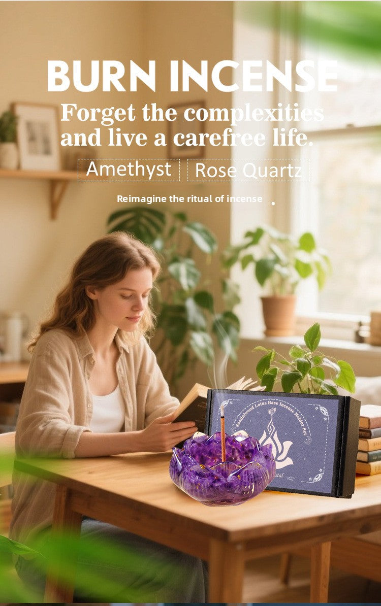 zensoullab Natural Amethyst Crushed Stone Lotus Bowl Incense Holder Set Box Demagnetization Meditation Yoga Incense Burner Incense Holder Base