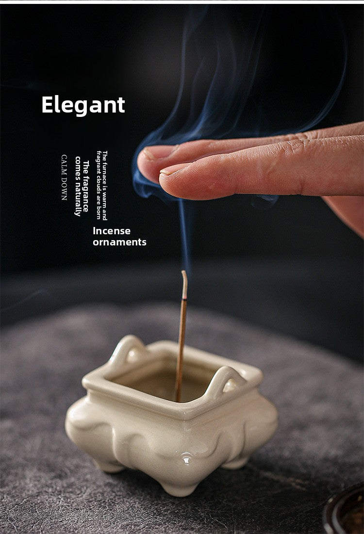 zensoullab Chinese Style Ceramic Incense Burner Tea Room Home Use Offering Four-Legged Incense Burner Portable Desktop Incense Holder Incense Ceremony Zen Ornament