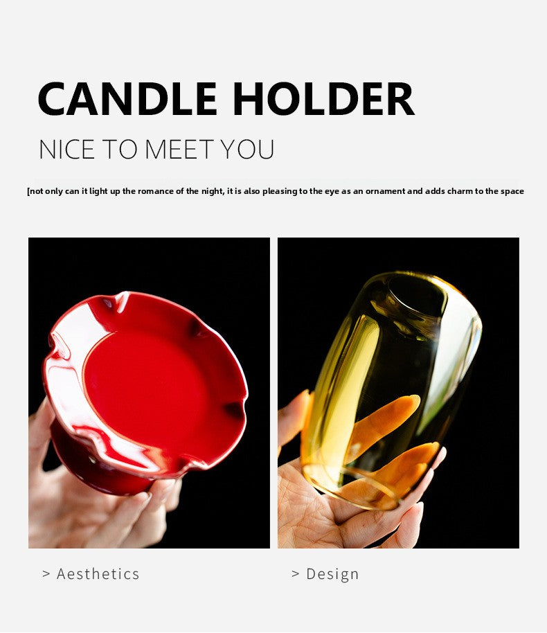 zensoullab New Chinese Style Forbidden City Red Morning Glory Candle Holder Ceramic Base Zen Glass Lampshade Aromatherapy Home Tea Ceremony Accessories Ornament