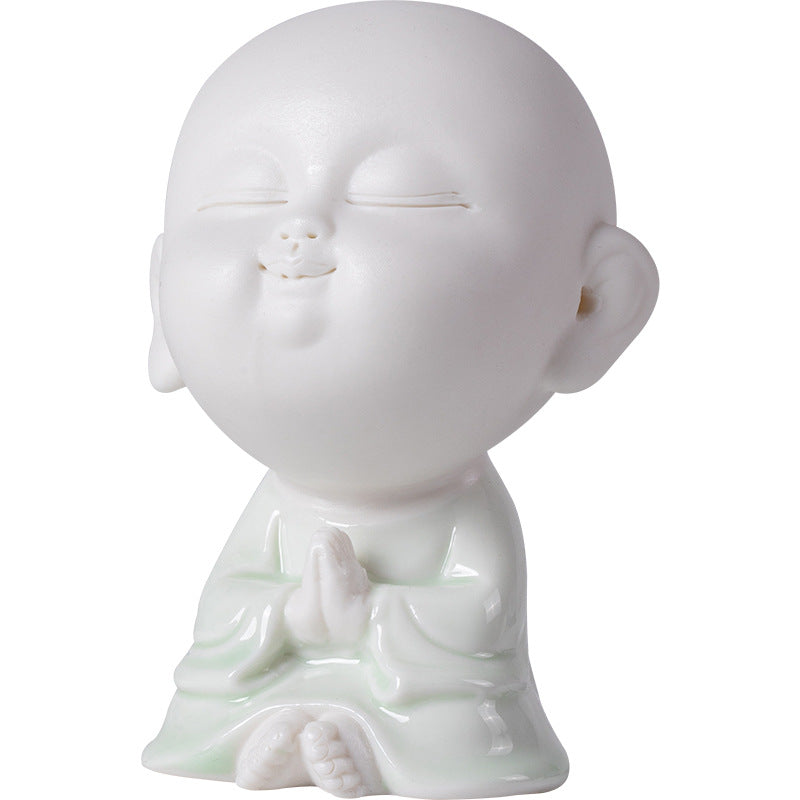 Zensoullab Cute Ceramic Monk Decoration Zen Decoration Fish Tank Landscape Celadon Samanera Tea Ornaments Tea Set Table-Top Decoration