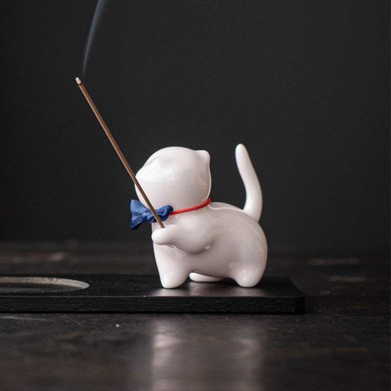 zensoullab Creative Cute Little Cat Ceramic Ornament Soft Healing Tea Pet Pen Holder Home Indoor Sandalwood Incense Holder Incense Tool