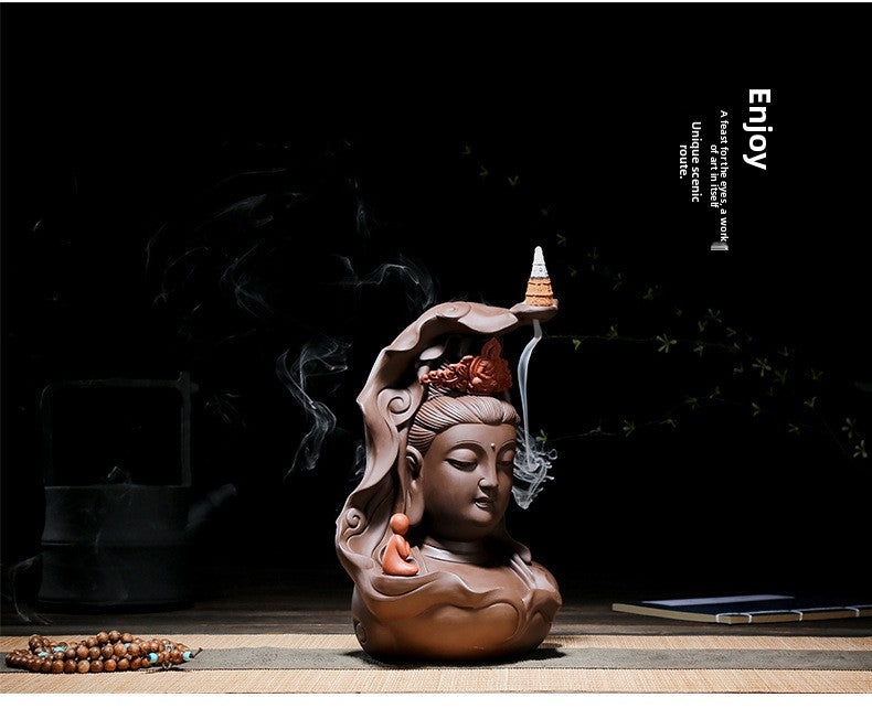zensoullab Premium Large Ceramic Guanyin Buddha Statue Feng Shui Worship Buddha Hall Living Room Backflow Incense Burner Home Decor Ornament