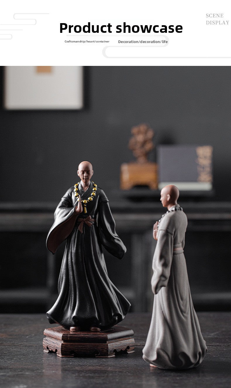 zensoullab Creative New Chinese Style Large Purple Clay Little Monk Figurine Tea Room Living Room Entrance Zen Little Monk Ceramic Character Decoration
