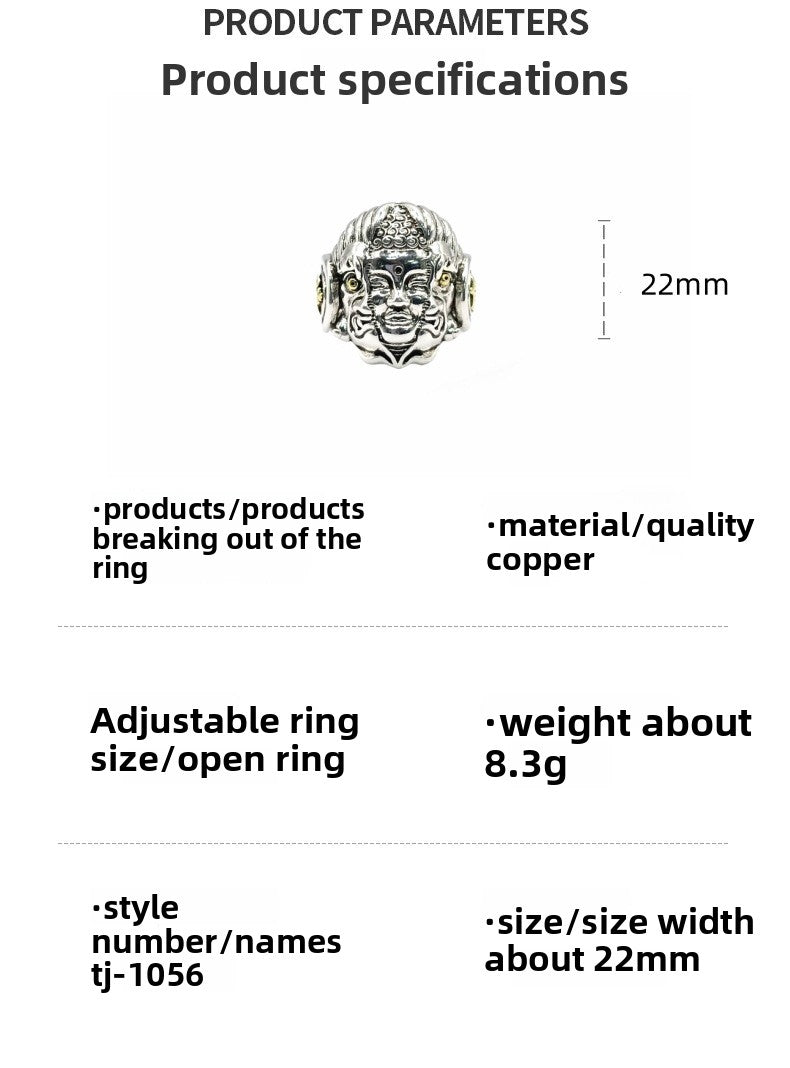 Zensoullab Men's Domineering Buddha Magic a Flash of Thought Buddha Magic Open Ring Vintage Thai Silver Niche Punk Ring