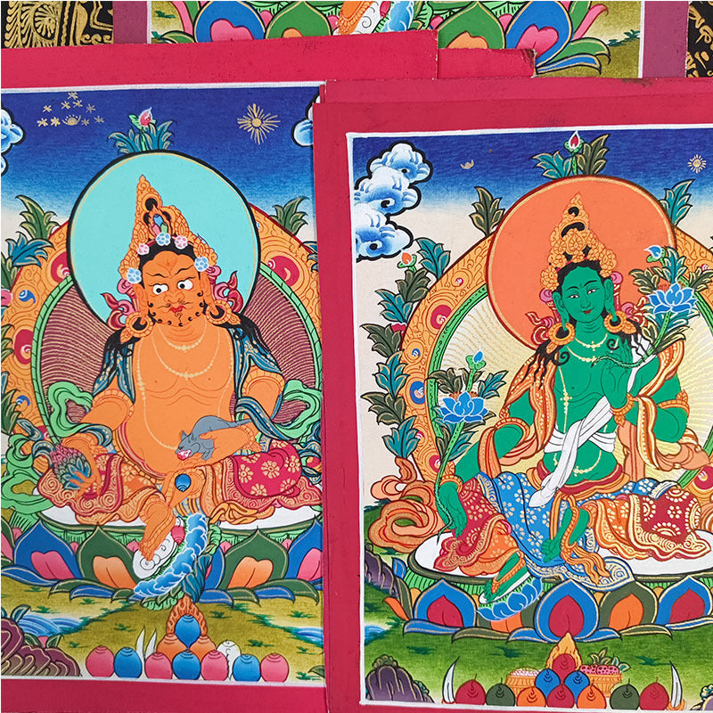 zensoullab Nepal Hand-painted Buddha Statue Thangka Table Decoration Yellow God of Wealth Green Tara Manjushri Four-armed Guanyin Medicine Buddha Decorative Hanging Painting
