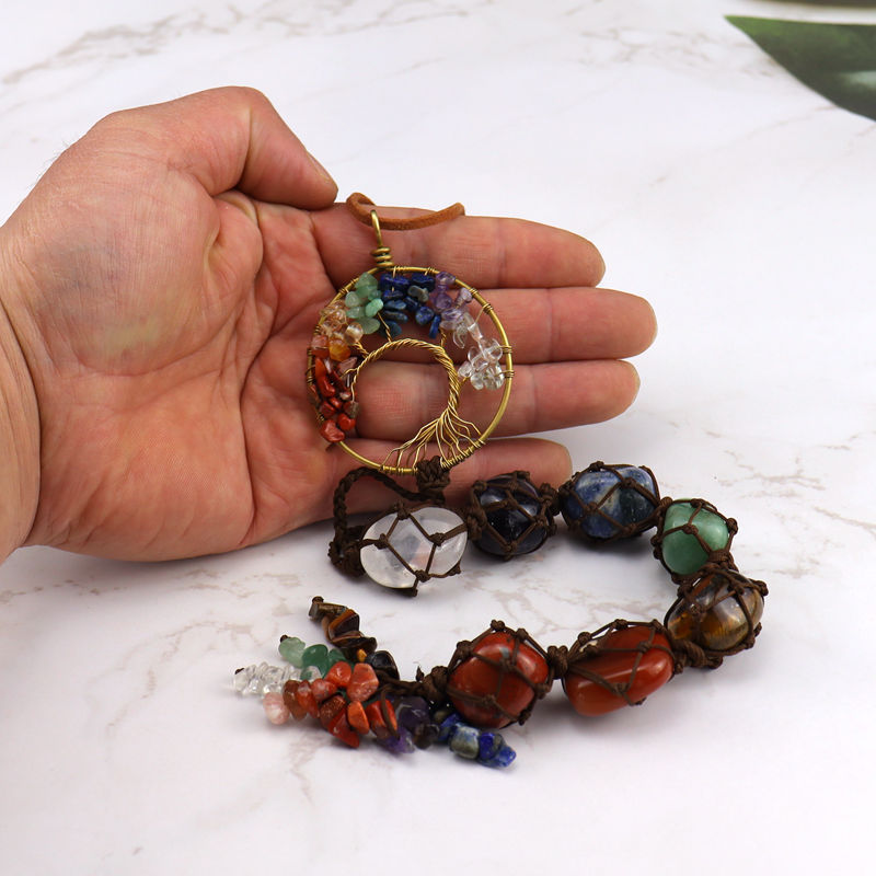zensoullab7 Colorful Stone Seven Colors Crystal Raw Stone Hand-woven Pendant Natural Stone Tree of Life Car Hanging Dream Catcher Ornament