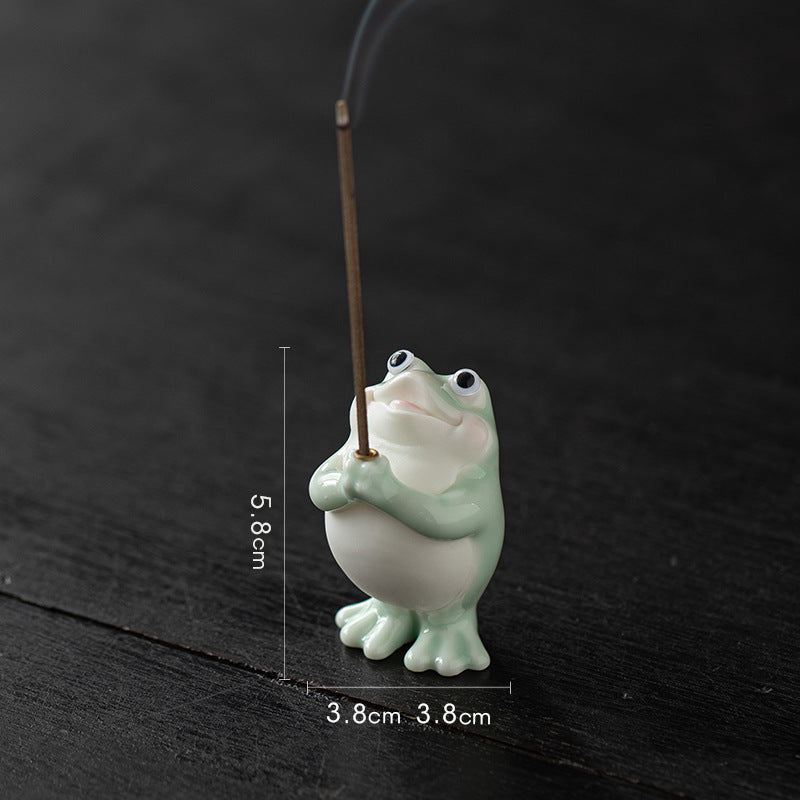 zensoullab Ceramic Wishing Frog Incense Burner for Home Indoor Use, Agarwood Sandalwood Incense Holder, Cute Tea Table Aromatherapy Burner Ornament